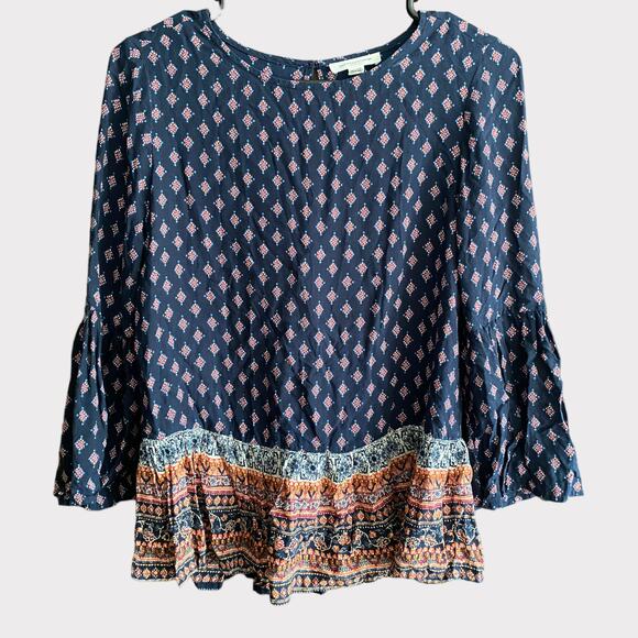 BLL beachlunchlounge XS Blue Print Bell Sleeve Peasant Blouse Viscose - Picture 1 of 7